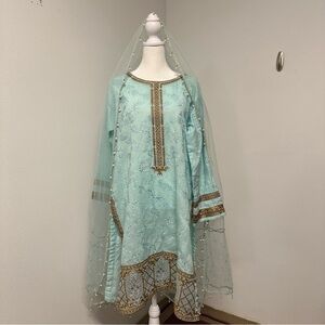 Ferozi Blue Embroidered Three-Piece Shalwar Kameez Sha Posh  Size L